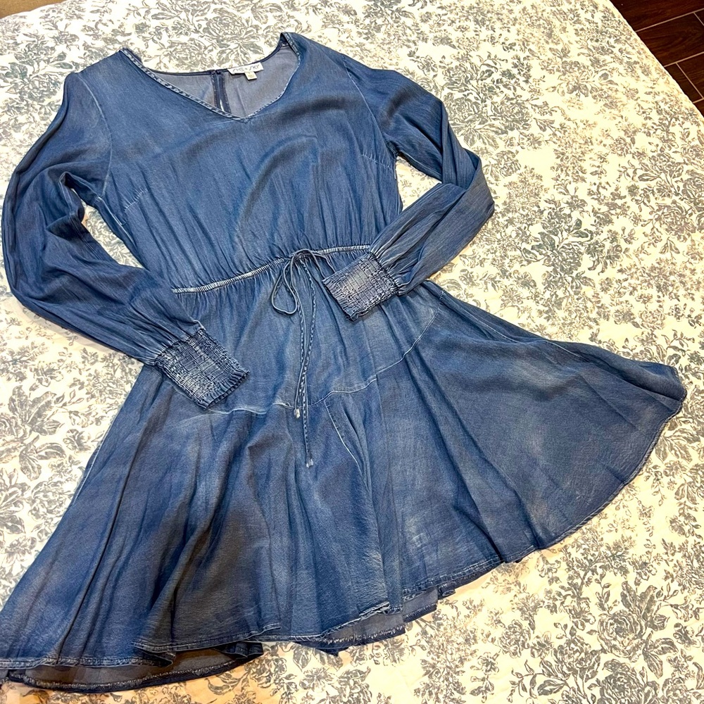 Super cute denim look dress with drawstring waist and a flounced skirt